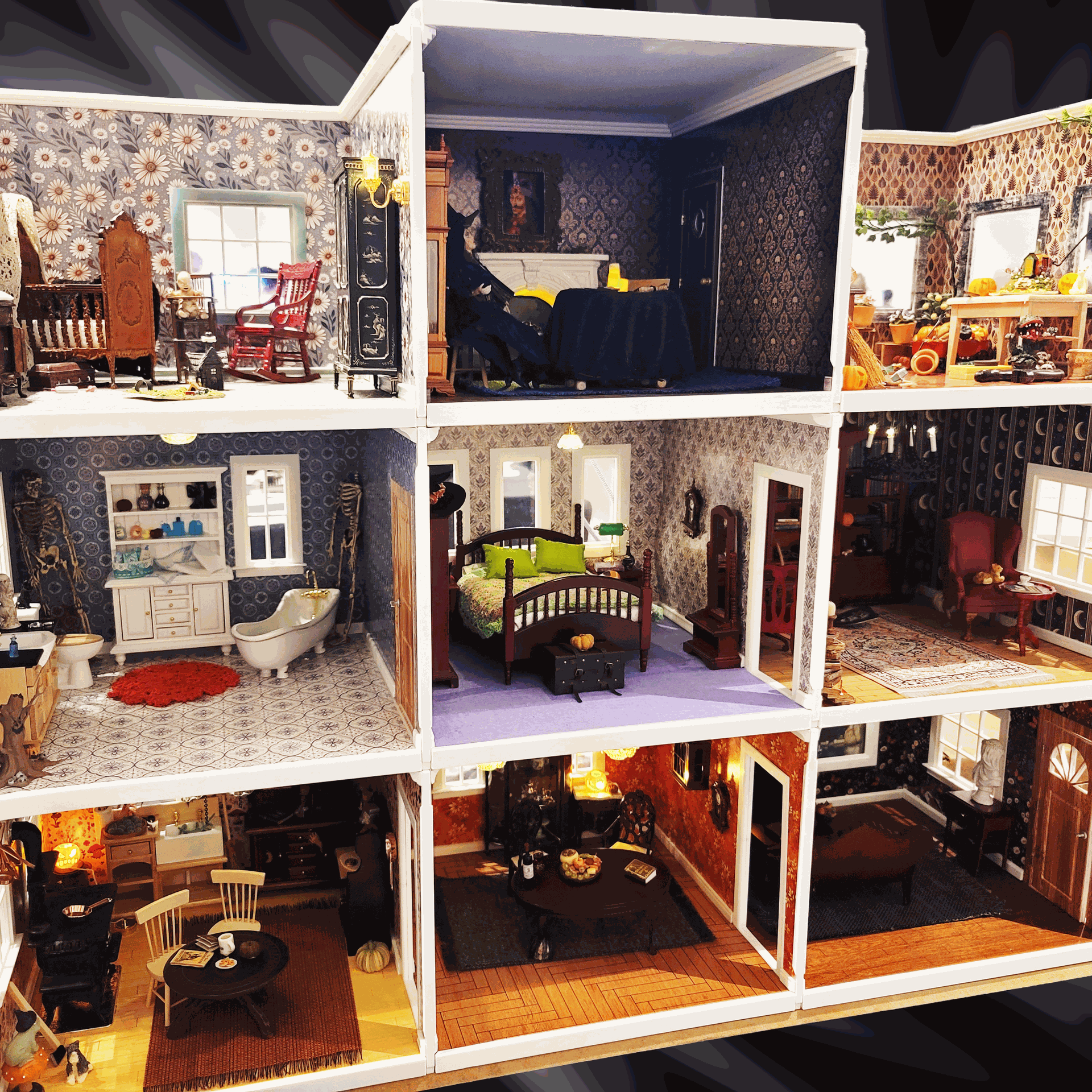 Assembled MagSlip nine room, three story dollhouse