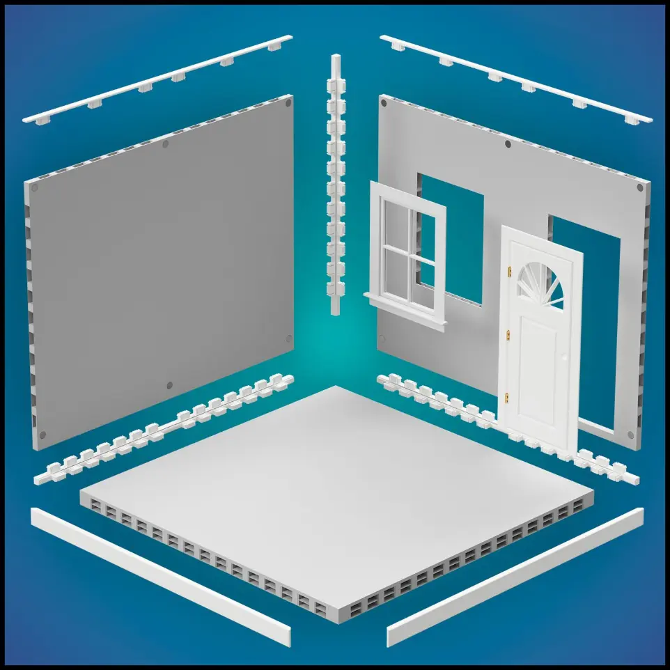 Interlocking walls and floors illustrating modular build options