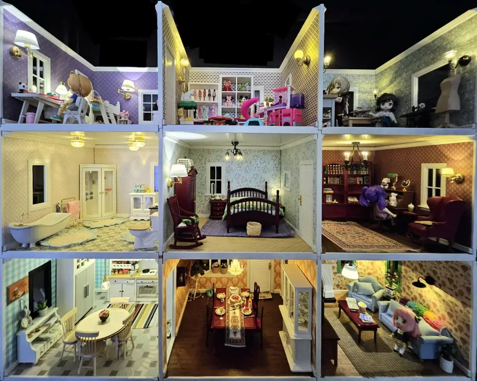 Expanded nine room MagSlip dollhouse demonstrating expandability