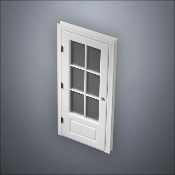 modern thin-frame 3/4 Six Pane Window Door with fancy-profile frame and brass hardware, shown closed in perspective view