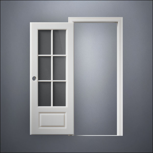 modern thin-frame 3/4 Six Pane Window Door with fancy-profile frame and brass hardware, shown open in front view