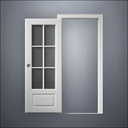 modern thin-frame 3/4 Six Pane Window Door with fancy-profile frame and brass hardware, shown open in front view