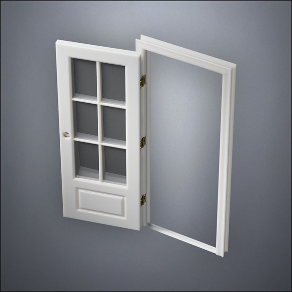 modern thin-frame 3/4 Six Pane Window Door with fancy-profile frame and brass hardware, shown open in perspective view