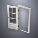 modern thin-frame 3/4 Six Pane Window Door with fancy-profile frame and brass hardware, shown open in perspective view