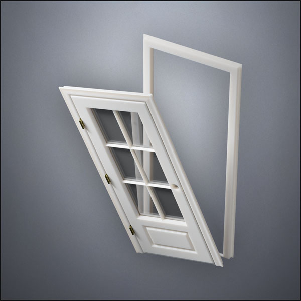 modern thin-frame 3/4 Six Pane Window Door with fancy-profile frame and brass hardware, shown split open in perspective view