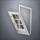 modern thin-frame 3/4 Six Pane Window Door with fancy-profile frame and brass hardware, shown split open in perspective view