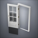 modern thin-frame 3/4 Six Pane Window Door with fancy-profile frame and brass hardware, shown open with the removable pane separated in perspective view