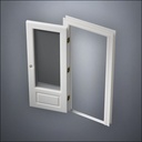 classic thick-frame 3/4 Window Door with fancy-profile frame and brass hardware, shown open in perspective view
