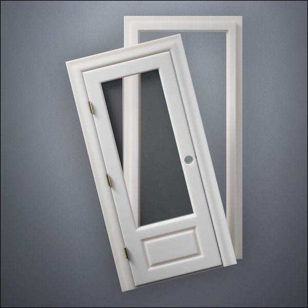 classic thick-frame 3/4 Window Door with fancy-profile frame and brass hardware, shown split open in front view