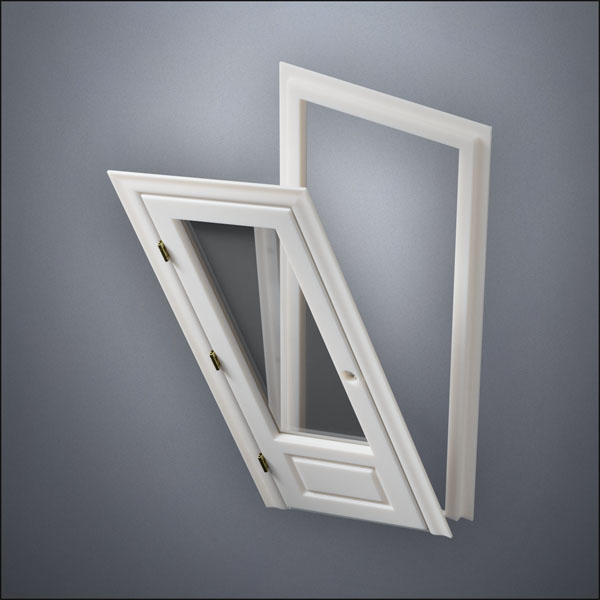 classic thick-frame 3/4 Window Door with fancy-profile frame and brass hardware, shown split open in perspective view