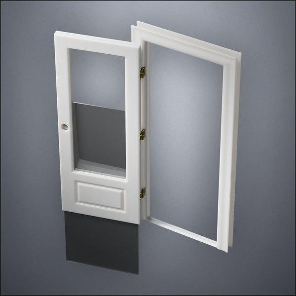classic thick-frame 3/4 Window Door with fancy-profile frame and brass hardware, shown open with the removable pane separated in perspective view