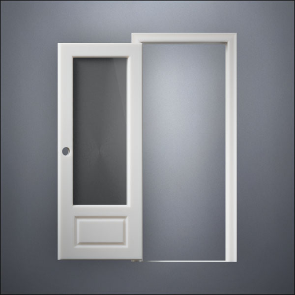modern thin-frame 3/4 Window Door with fancy-profile frame and brass hardware, shown open in front view