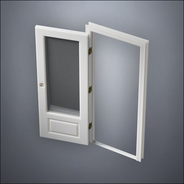modern thin-frame 3/4 Window Door with fancy-profile frame and brass hardware, shown open in perspective view