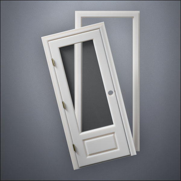 modern thin-frame 3/4 Window Door with fancy-profile frame and brass hardware, shown split open in front view