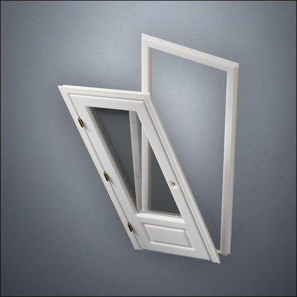 modern thin-frame 3/4 Window Door with fancy-profile frame and brass hardware, shown split open in perspective view