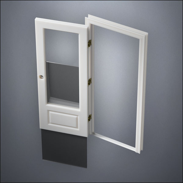 modern thin-frame 3/4 Window Door with fancy-profile frame and brass hardware, shown open with the removable pane separated in perspective view