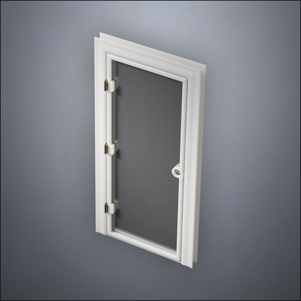 classic thick-frame Full Window Door with fancy-profile frame and brass hardware, shown closed in perspective view