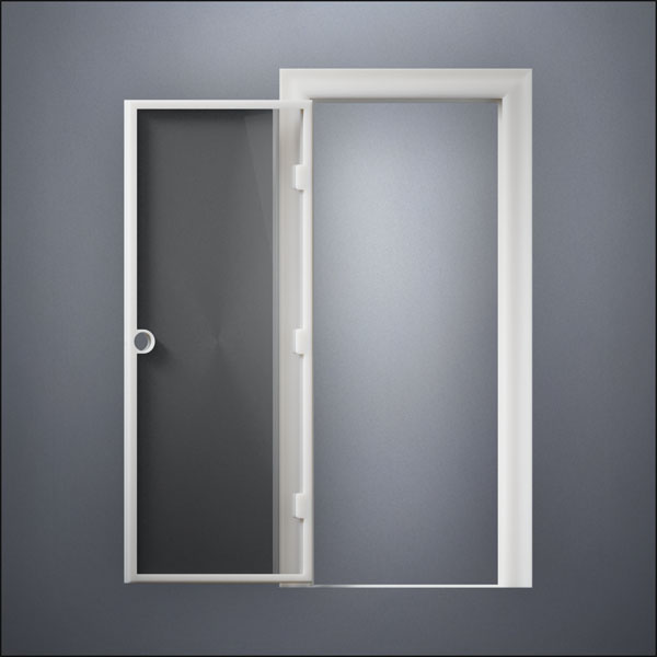 classic thick-frame Full Window Door with fancy-profile frame and brass hardware, shown open in front view