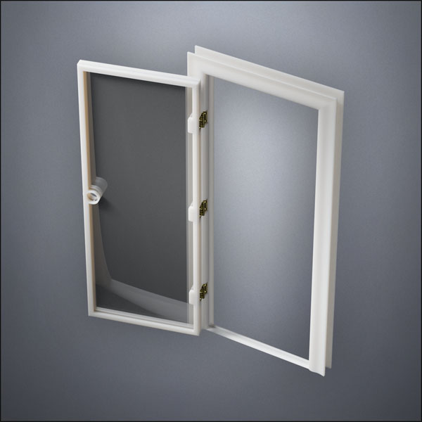 classic thick-frame Full Window Door with fancy-profile frame and brass hardware, shown open in perspective view