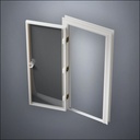 classic thick-frame Full Window Door with fancy-profile frame and brass hardware, shown open in perspective view