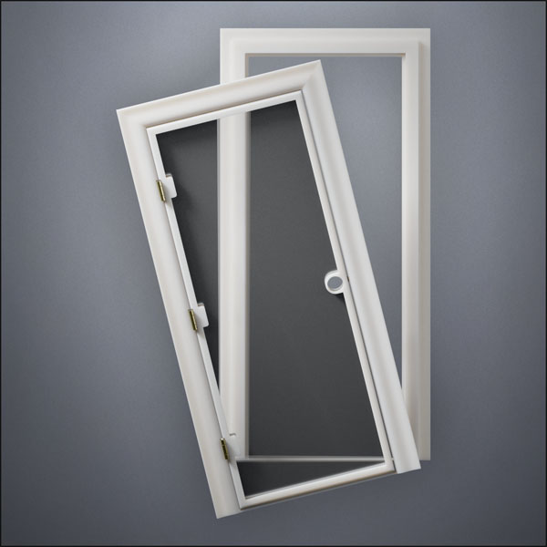 classic thick-frame Full Window Door with fancy-profile frame and brass hardware, shown split open in front view