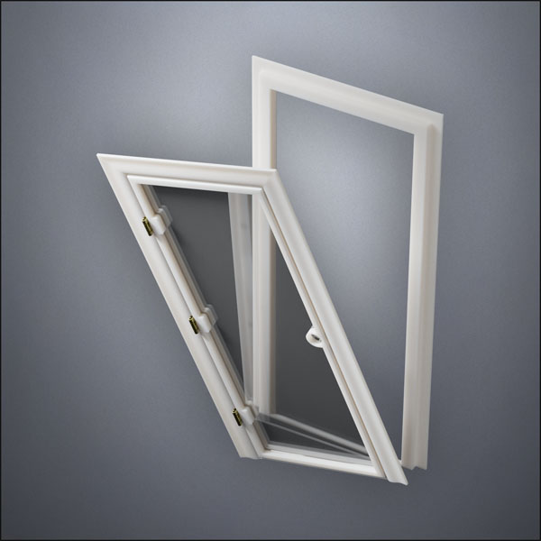 classic thick-frame Full Window Door with fancy-profile frame and brass hardware, shown split open in perspective view