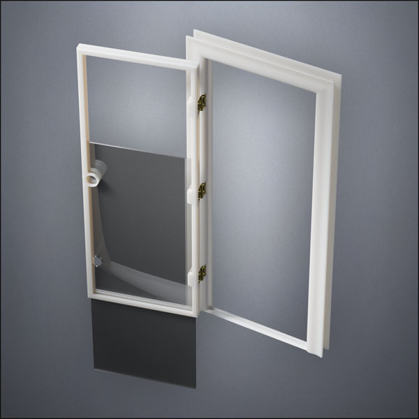 classic thick-frame Full Window Door with fancy-profile frame and brass hardware, shown open with the removable pane separated in perspective view