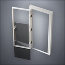 classic thick-frame Full Window Door with fancy-profile frame and brass hardware, shown open with the removable pane separated in perspective view