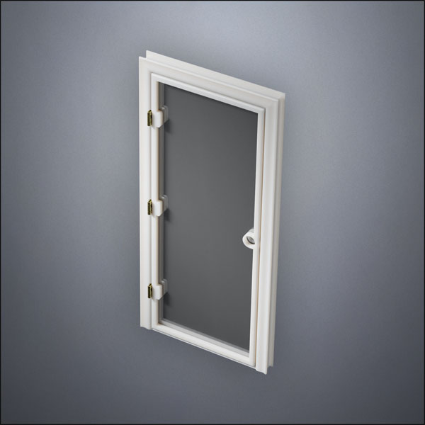 modern thin-frame Full Window Door with fancy-profile frame and brass hardware, shown closed in perspective view