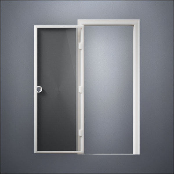 modern thin-frame Full Window Door with fancy-profile frame and brass hardware, shown open in front view