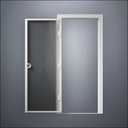 modern thin-frame Full Window Door with fancy-profile frame and brass hardware, shown open in front view