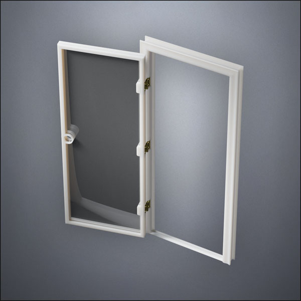 modern thin-frame Full Window Door with fancy-profile frame and brass hardware, shown open in perspective view