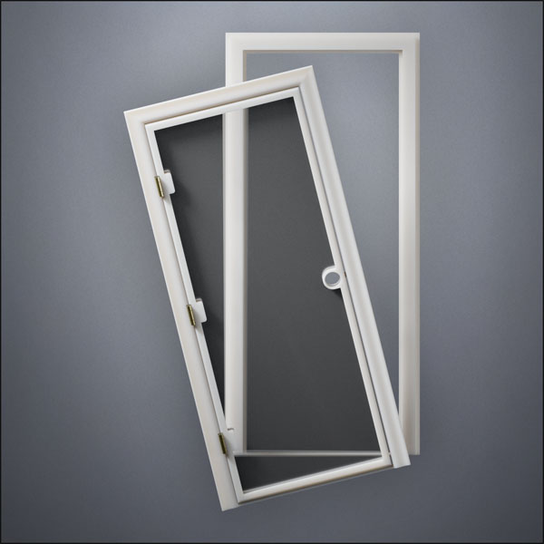 modern thin-frame Full Window Door with fancy-profile frame and brass hardware, shown split open in front view