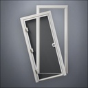 modern thin-frame Full Window Door with fancy-profile frame and brass hardware, shown split open in front view