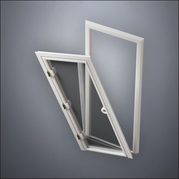 modern thin-frame Full Window Door with fancy-profile frame and brass hardware, shown split open in perspective view