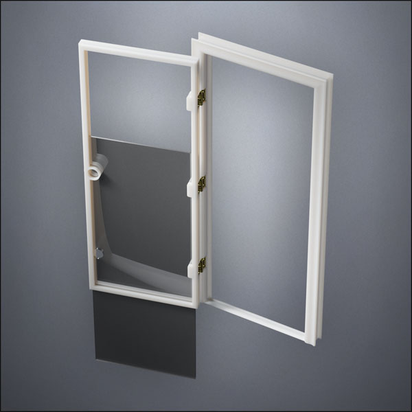 modern thin-frame Full Window Door with fancy-profile frame and brass hardware, shown open with the removable pane separated in perspective view