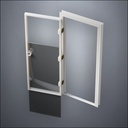 modern thin-frame Full Window Door with fancy-profile frame and brass hardware, shown open with the removable pane separated in perspective view