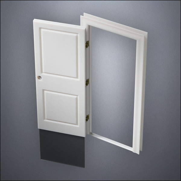 classic thick-frame Carrara Door with fancy-profile frame and brass hardware, shown open with the removable pane separated in perspective view