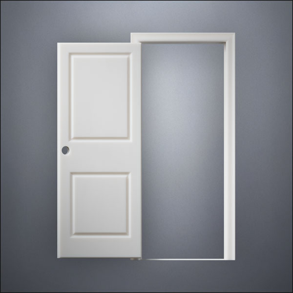 modern thin-frame Carrara Door with fancy-profile frame and brass hardware, shown open in front view