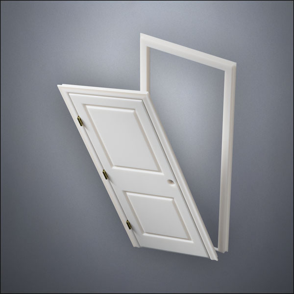 modern thin-frame Carrara Door with fancy-profile frame and brass hardware, shown split open in perspective view