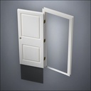 modern thin-frame Carrara Door with fancy-profile frame and brass hardware, shown open with the removable pane separated in perspective view