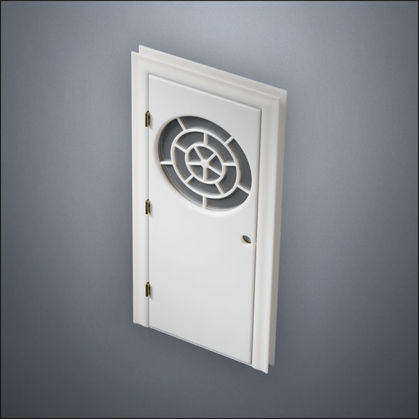 classic thick-frame Circular Segmented Window Door with fancy-profile frame and brass hardware, shown closed in perspective view