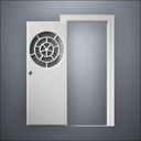 classic thick-frame Circular Segmented Window Door with fancy-profile frame and brass hardware, shown open in front view
