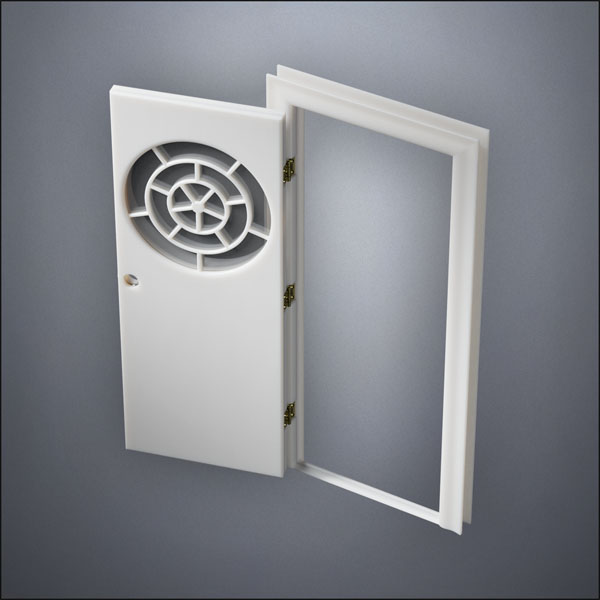 classic thick-frame Circular Segmented Window Door with fancy-profile frame and brass hardware, shown open in perspective view