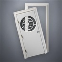 classic thick-frame Circular Segmented Window Door with fancy-profile frame and brass hardware, shown split open in front view