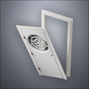 classic thick-frame Circular Segmented Window Door with fancy-profile frame and brass hardware, shown split open in perspective view