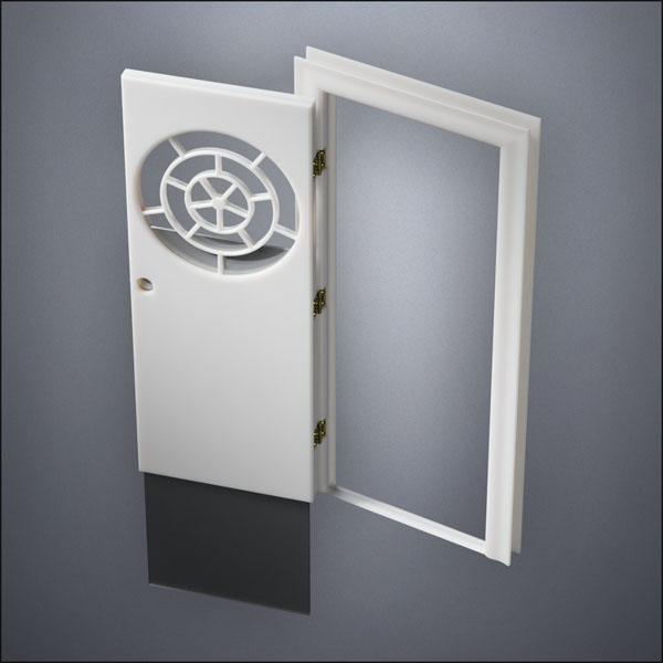 classic thick-frame Circular Segmented Window Door with fancy-profile frame and brass hardware, shown open with the removable pane separated in perspective view