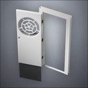 classic thick-frame Circular Segmented Window Door with fancy-profile frame and brass hardware, shown open with the removable pane separated in perspective view