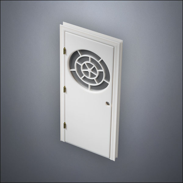 modern thin-frame Circular Segmented Window Door with fancy-profile frame and brass hardware, shown closed in perspective view