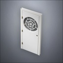 modern thin-frame Circular Segmented Window Door with fancy-profile frame and brass hardware, shown closed in perspective view